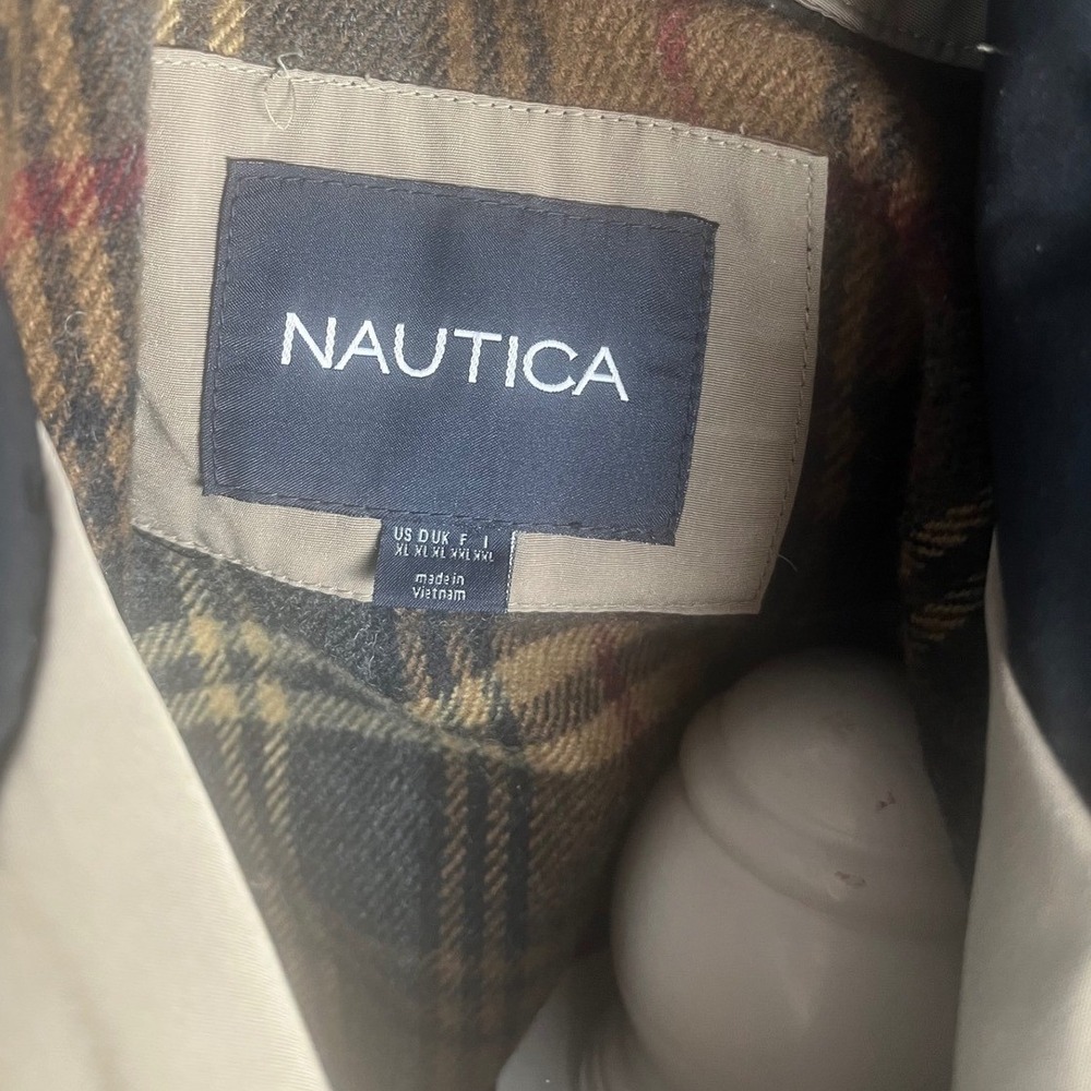 Nautica Womens Black Trench Coat Plaid Lined Tan Collar Cuffs Size L - Picture 7 of 12